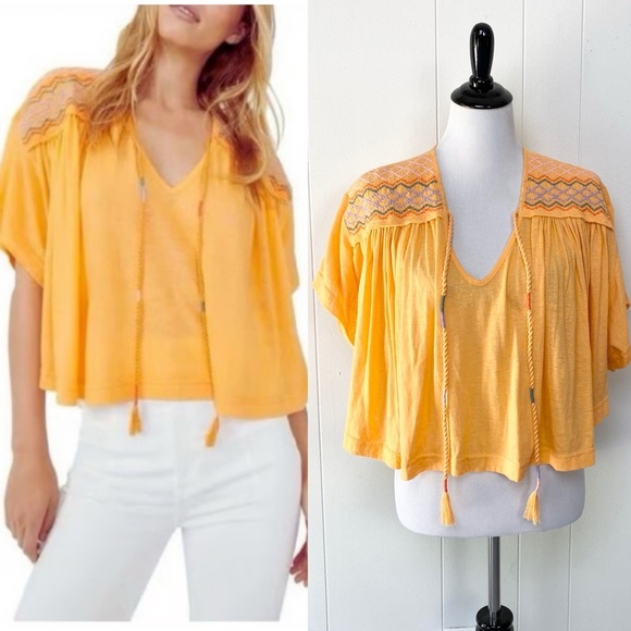 Free People Womens Market Embroidery Trim Tassel Tie V-Neck Tee Carrot Orange XS - Picture 1 of 15